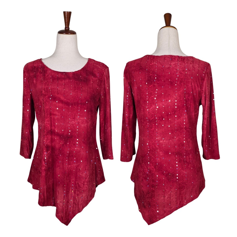 Y2K Asymmetrical Long Sleeve Top Size S Red Sequins Lagenlook Fairy Whimsigoth